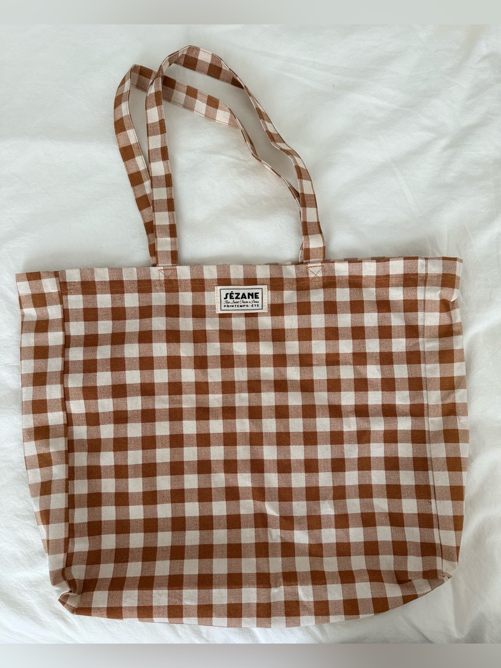 Sezane Brown Gingham Tote Bag